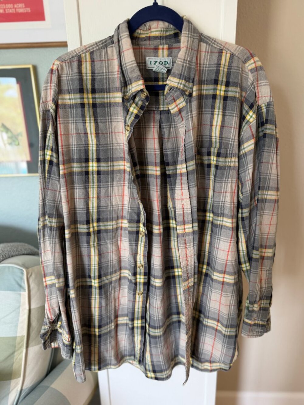 Vintage IZOD 100% Cotton Plaid Button Up Shirt XL